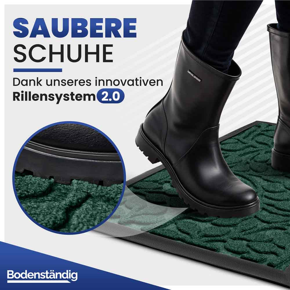 gruene fussmatte mit blattmuster reinigt schuhe dank innovativem rillensystem robuste stiefel auf matte gezeigt inklusive detailaufnahme