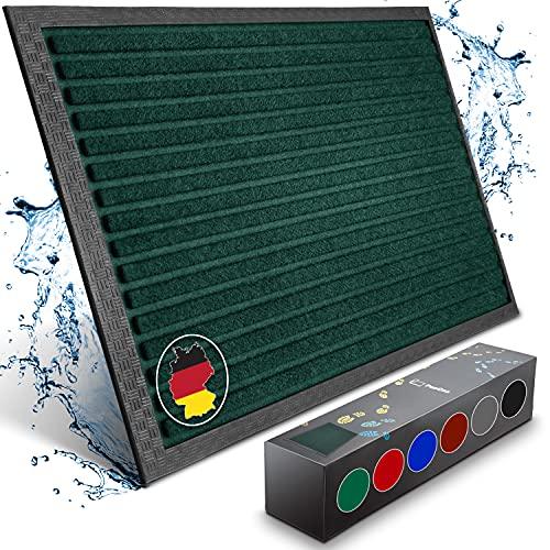 Gruene Fussmatte mit robustem Rahmen und wasserabweisender Oberfläche, dargestellt mit Farbauswahlbox.
