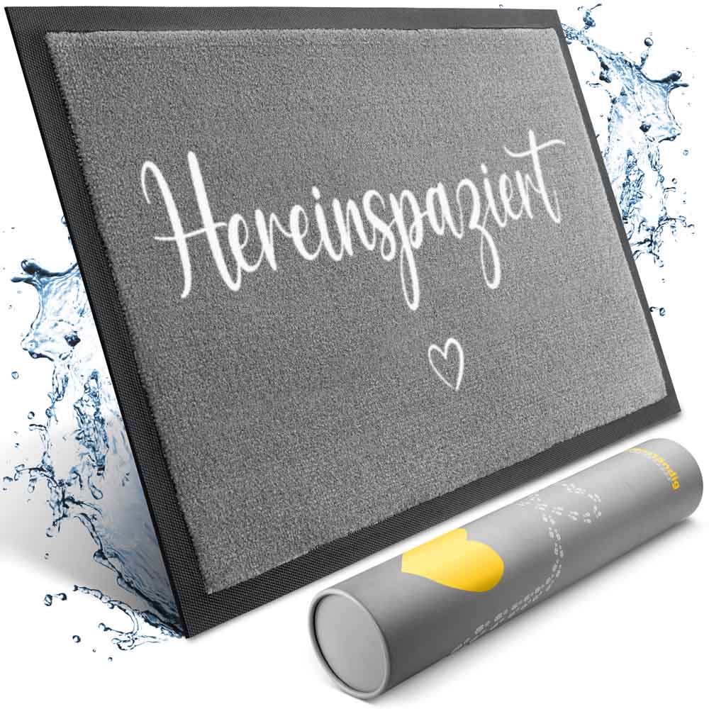 graue fussmatte mit hereinspaziert schriftzug und herzmotiv von bodenstaendig als rutschfeste hochwertige eingangsmatte