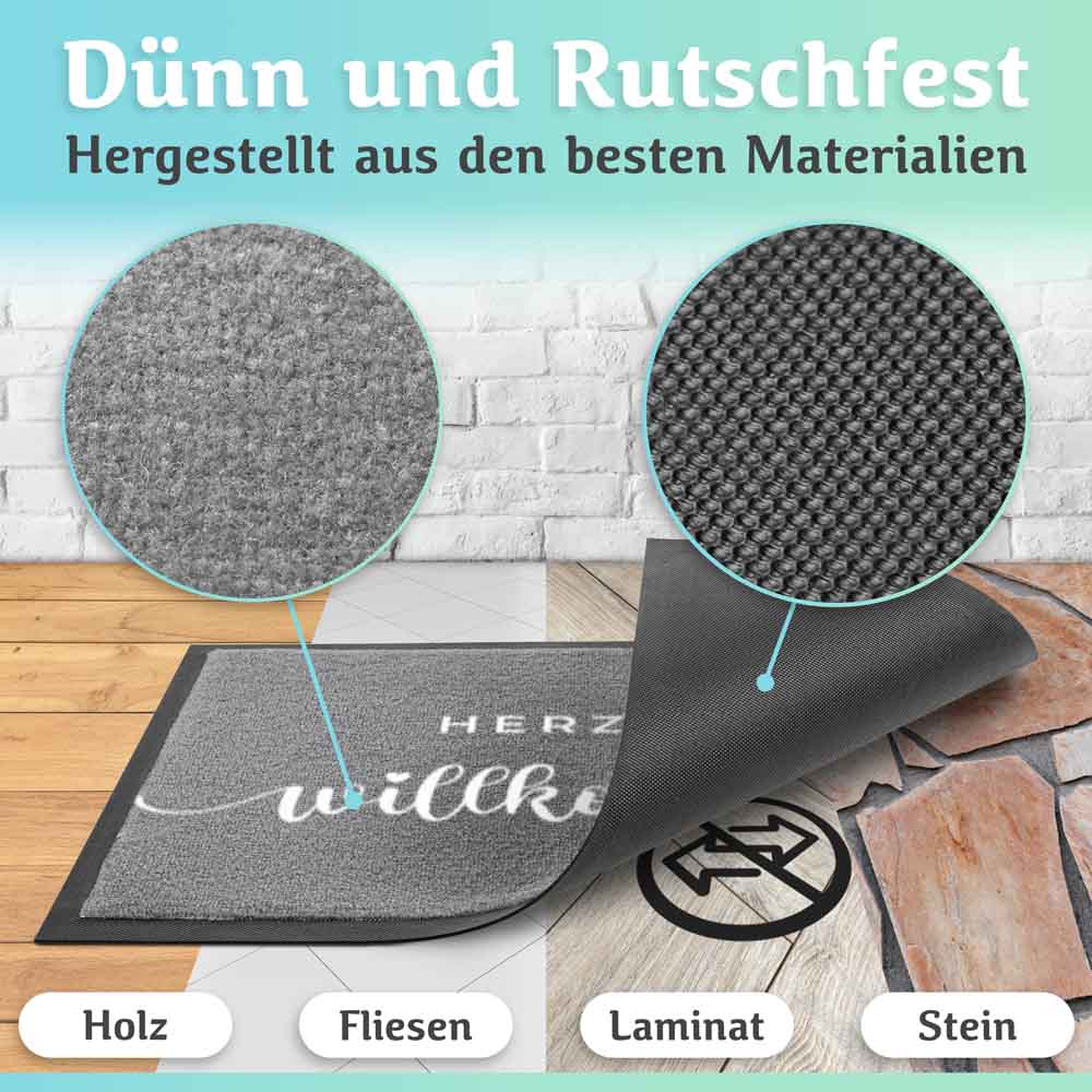 graue fussmatte mit herzlich willkommen schriftzug materialnahaufnahmen rutschfester rueckseite geeignet fuer holz fliesen laminat und stein