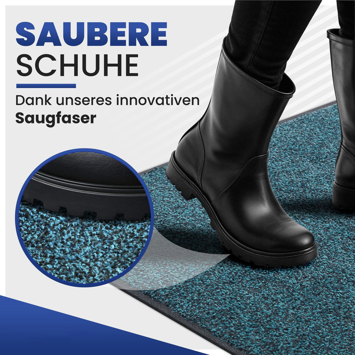 Schwarze Stiefel auf blauer Fußmatte, Detailansicht der Saugfaser, Text: Saubere Schuhe dank innovativer Saugfaser