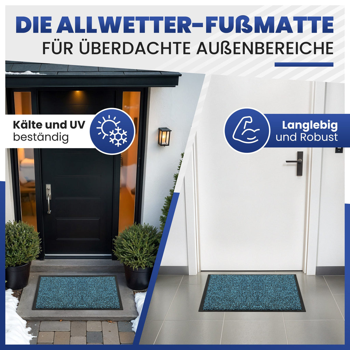 Blaue Fußmatte vor einer Haustür im Schnee und in einem Flur, Text: Die Allwetter-Fußmatte für überdachte Außenbereiche