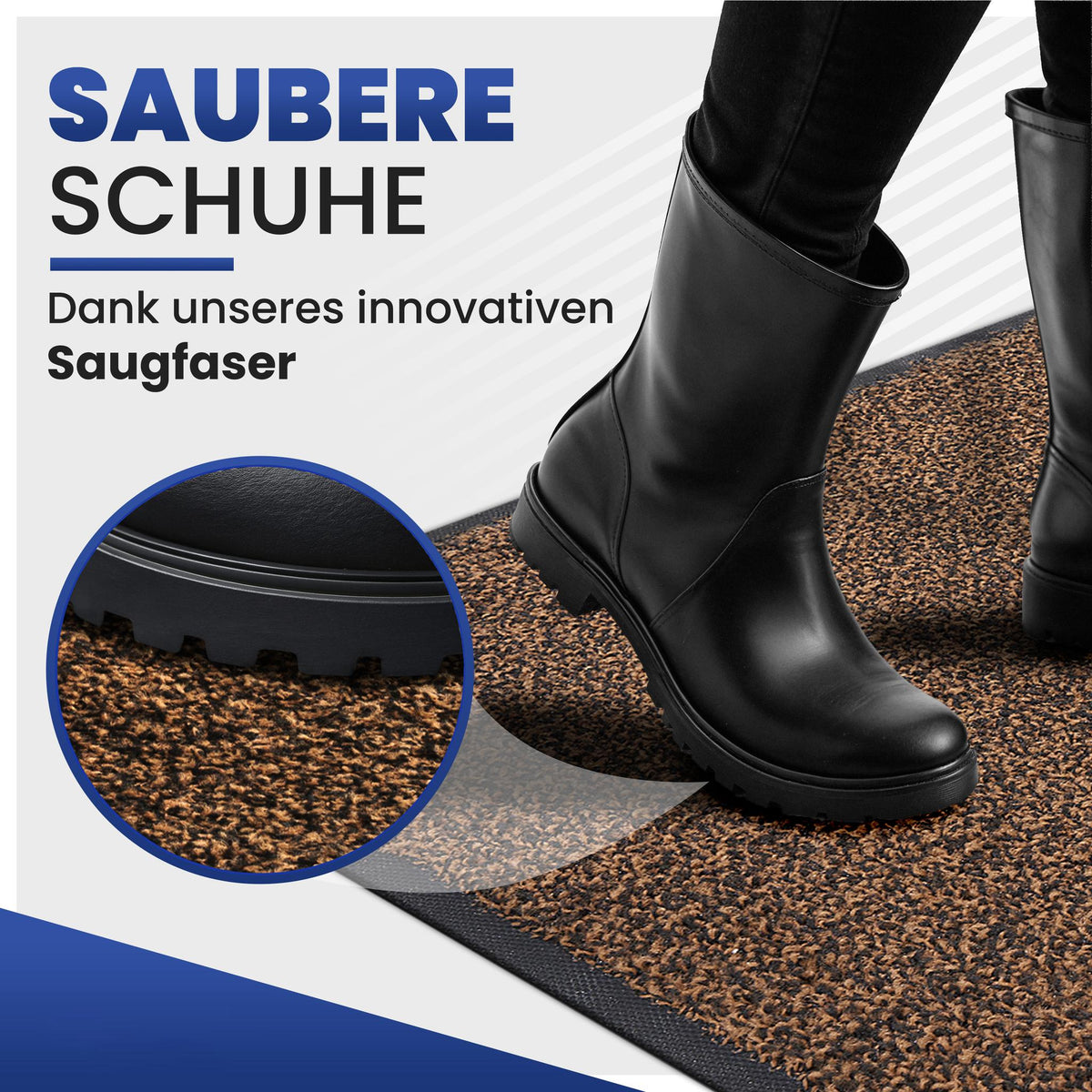 Braune Fußmatte mit Schuh in schwarzem Stiefel und Nahaufnahme der Saugfaser, Text: Saubere Schuhe dank Saugfaser
