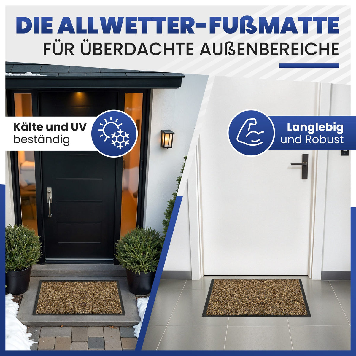 Braune Fußmatte vor einer Haustür im Winter und vor einer Innentür, Text: Allwetter-Fußmatte, kälte- und UV-beständig