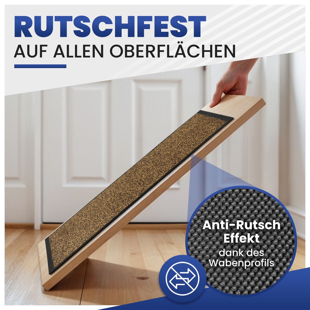 Braune Fußmatte auf einem schräg gehaltenen Brett mit Nahaufnahme des Wabenprofils, Text: Rutschfest auf allen Oberflächen