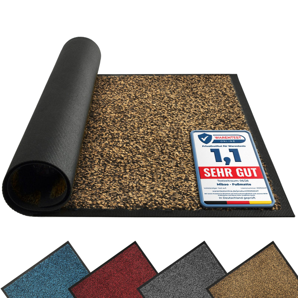 Braune Fußmatte mit aufgerollter Ecke und Testsiegel 1,1 Sehr gut, darunter Matten in Blau, Rot, Grau und Braun