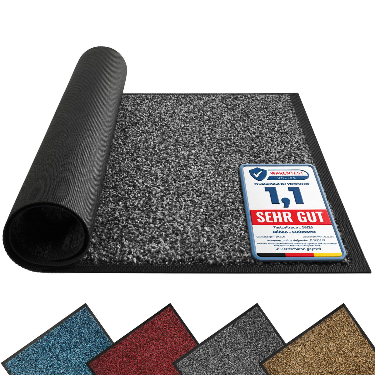 Anthrazit-graue Fußmatte mit hochgerollter Ecke, Testsiegel Sehr gut und vier weitere Farben: Blau, Rot, Grau, Beige