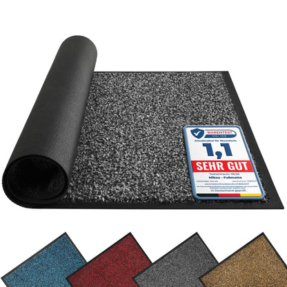 Anthrazit-graue Fußmatte mit hochgerollter Ecke, Testsiegel Sehr gut und vier weitere Farben: Blau, Rot, Grau, Beige
