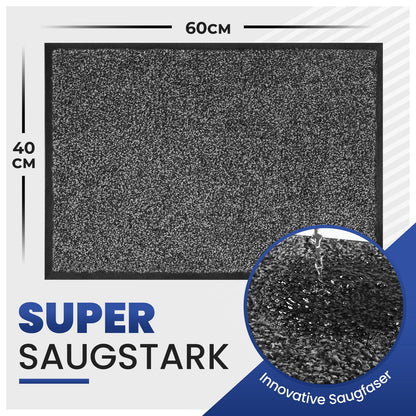 Graue Fußmatte mit Maßen 60 x 40 cm und Nahaufnahme der Saugfaser mit Wasser, Text: Super saugstark