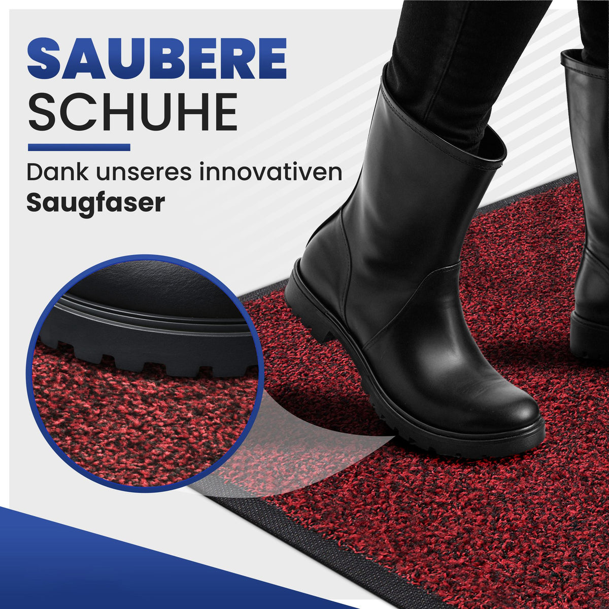 Person in schwarzen Stiefeln steht auf einer roten Fußmatte, Detail der Saugfaser, Text: saubere Schuhe