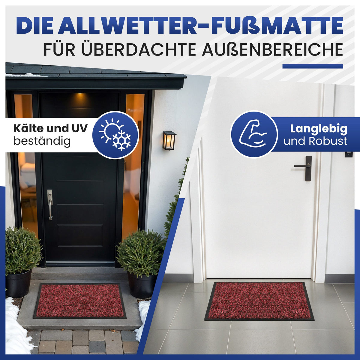 Rote Fußmatte vor einer schwarzen Haustür im Schnee und in einem Flur, Text: Allwetter-Fußmatte, langlebig und robust
