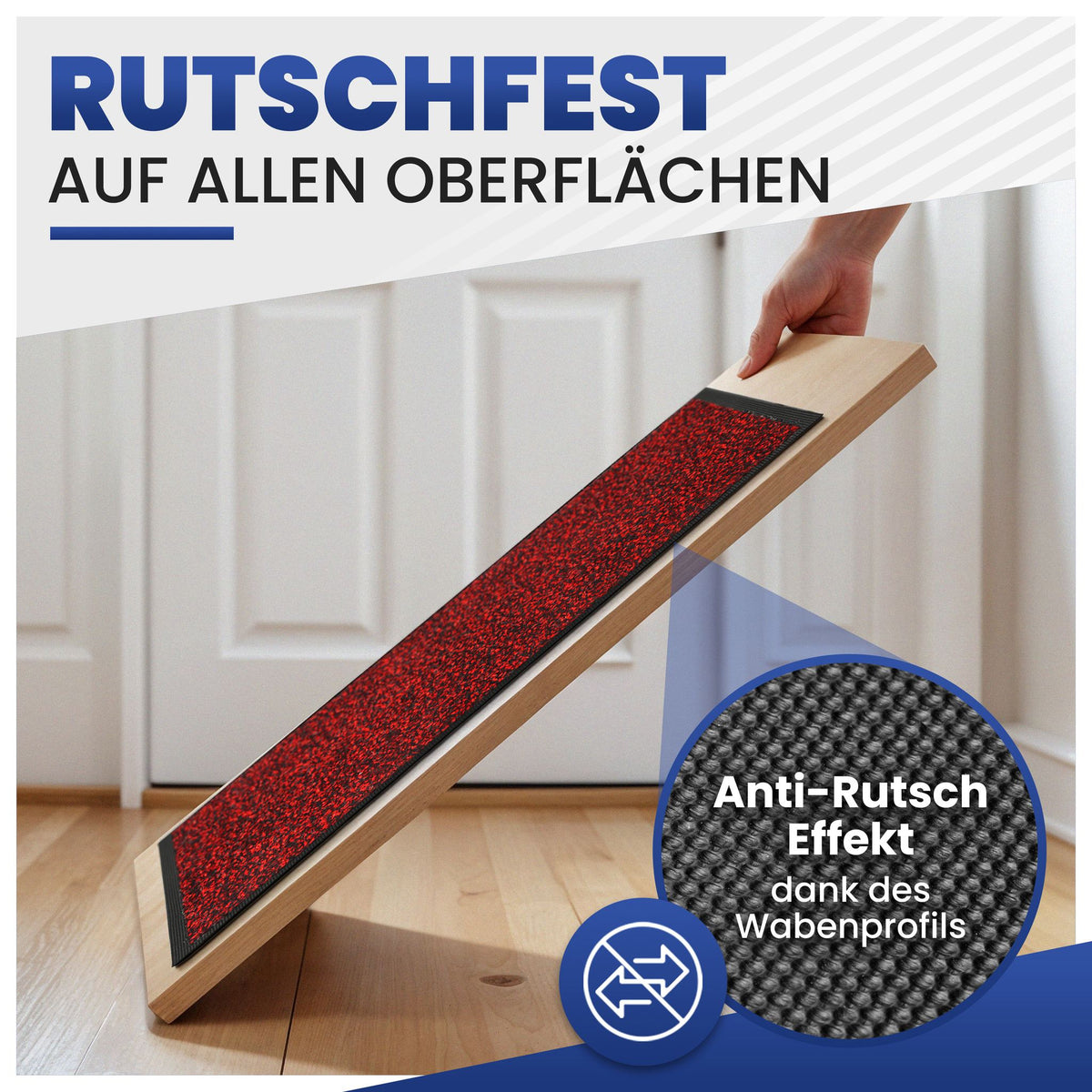 Rote Fußmatte auf schräg gehaltenem Holzbrett, Detail der Wabenrückseite, Text: rutschfest auf allen Oberflächen