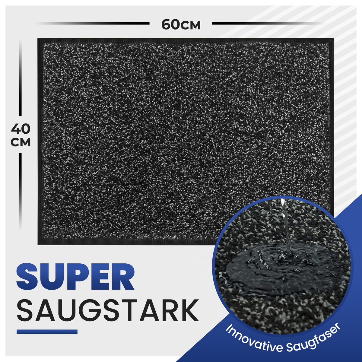 Anthrazitfarbene Fußmatte mit Maßen 40 x 60 cm und Nahaufnahme, wie die Saugfaser Wasser aufnimmt: „Super saugstark“