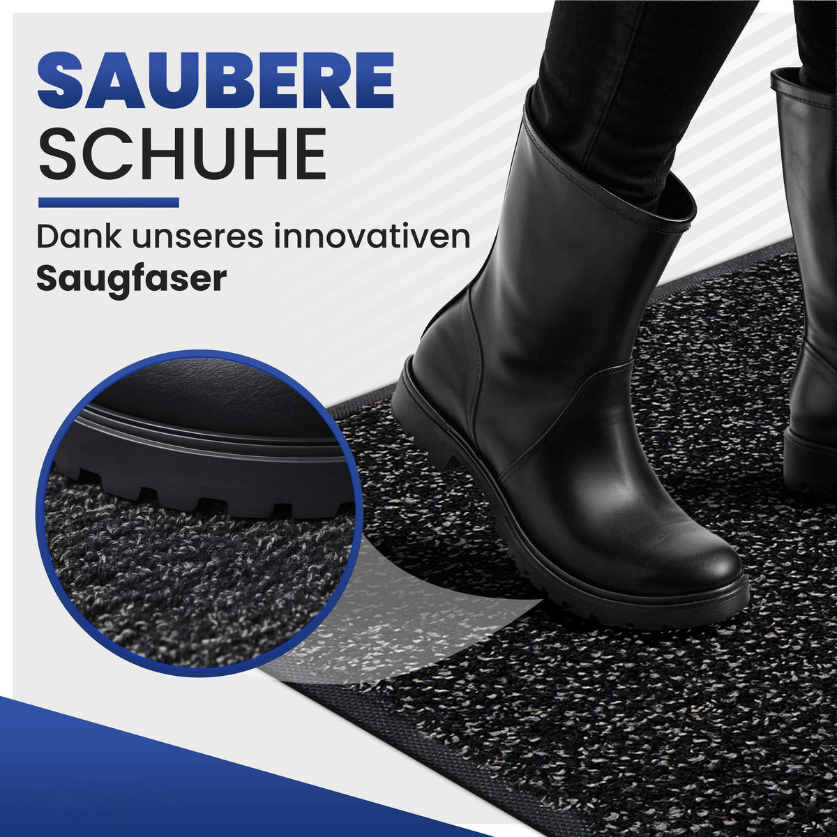 Schwarzer Stiefel auf anthrazitfarbener Fußmatte, Detailansicht der Saugfaser, Text: Saubere Schuhe dank innovativer Saugfaser
