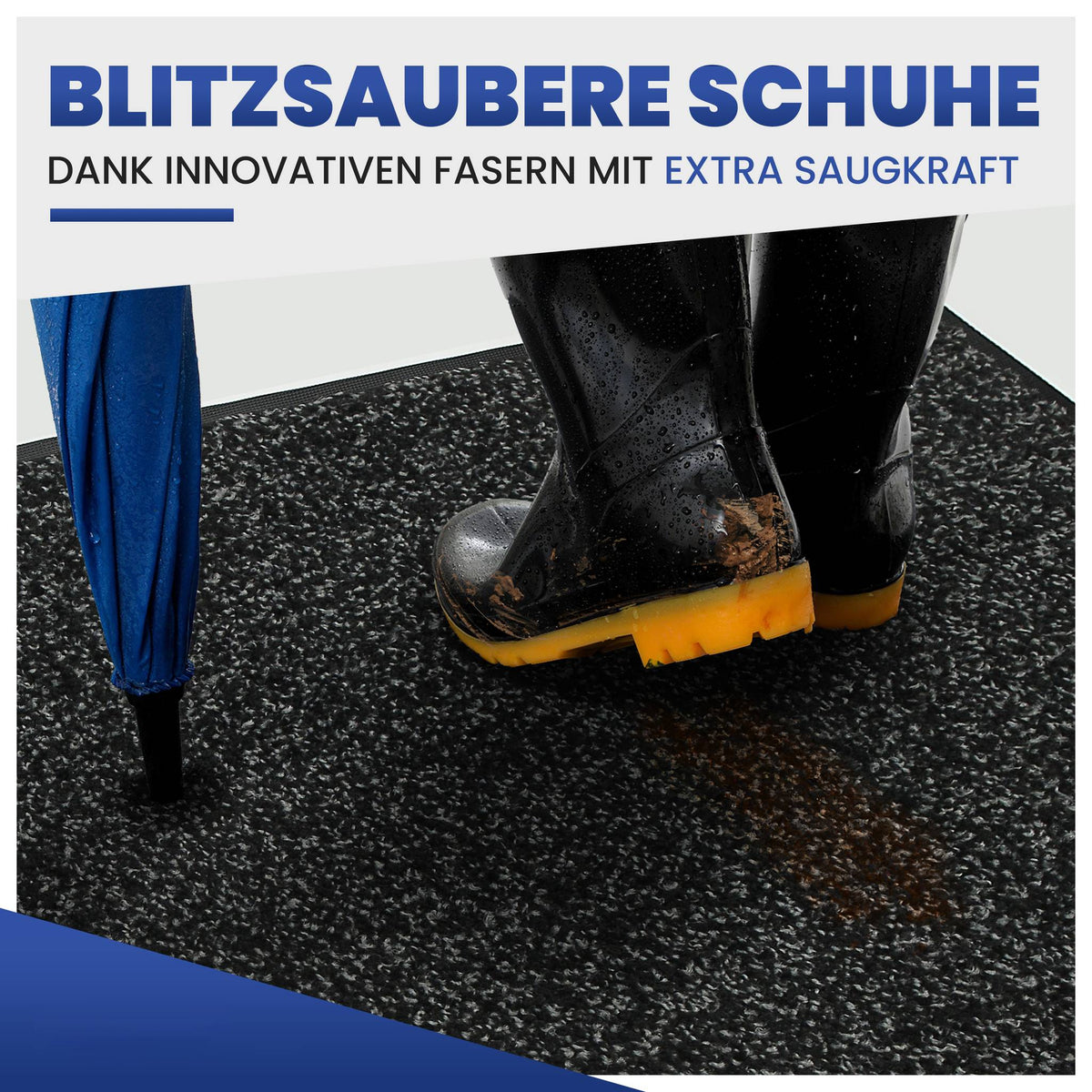 Schmutzige Gummistiefel und ein nasser blauer Regenschirm auf anthrazitfarbener Fußmatte, Text: Blitzsaubere Schuhe