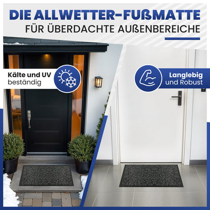 Anthrazitfarbene Fußmatte vor einer Haustür im Außenbereich und vor einer weißen Innentür, Text: Die Allwetter-Fußmatte
