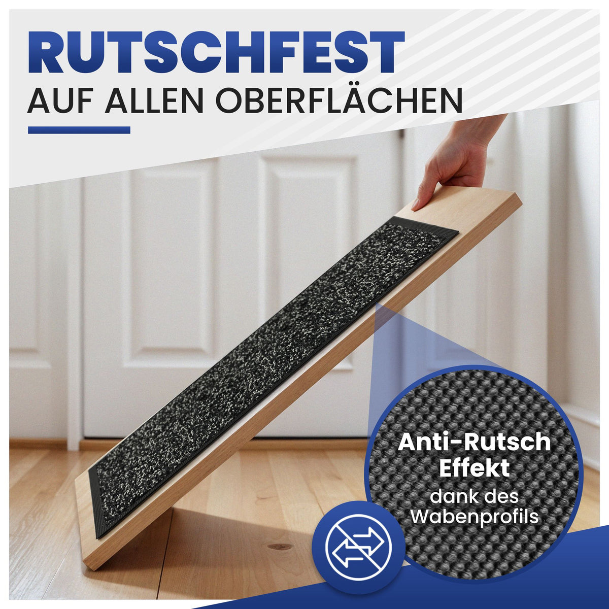 Anthrazitfarbene Fußmatte auf schräg gehaltenem Holzbrett mit Nahaufnahme des Wabenprofils, Text: Rutschfest auf allen Oberflächen