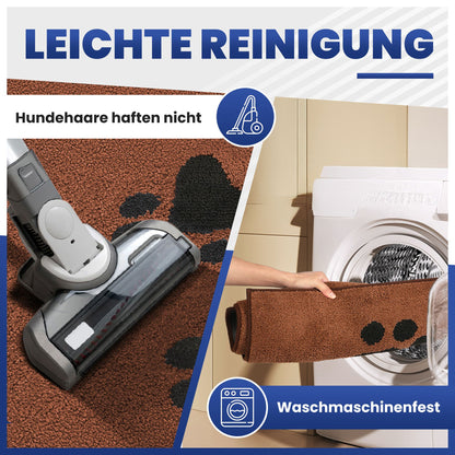 Braune Fußmatte mit Pfoten, links mit Staubsauger gereinigt, rechts in die Waschmaschine gelegt; Text: Leichte Reinigung