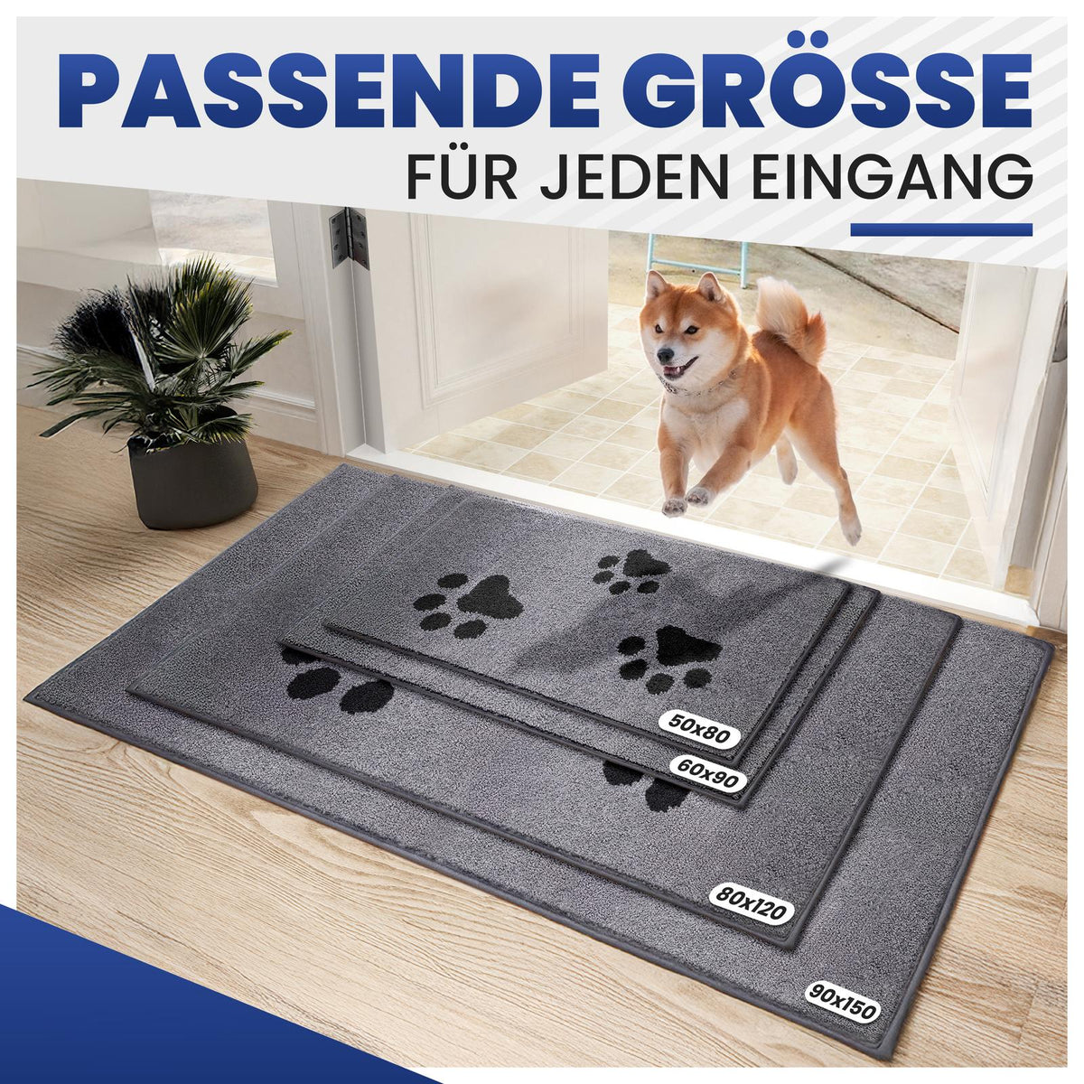 Vier graue Fußmatten mit Hundepfoten in 50x80 bis 90x150 cm vor einer Tür, Shiba Inu springt herein