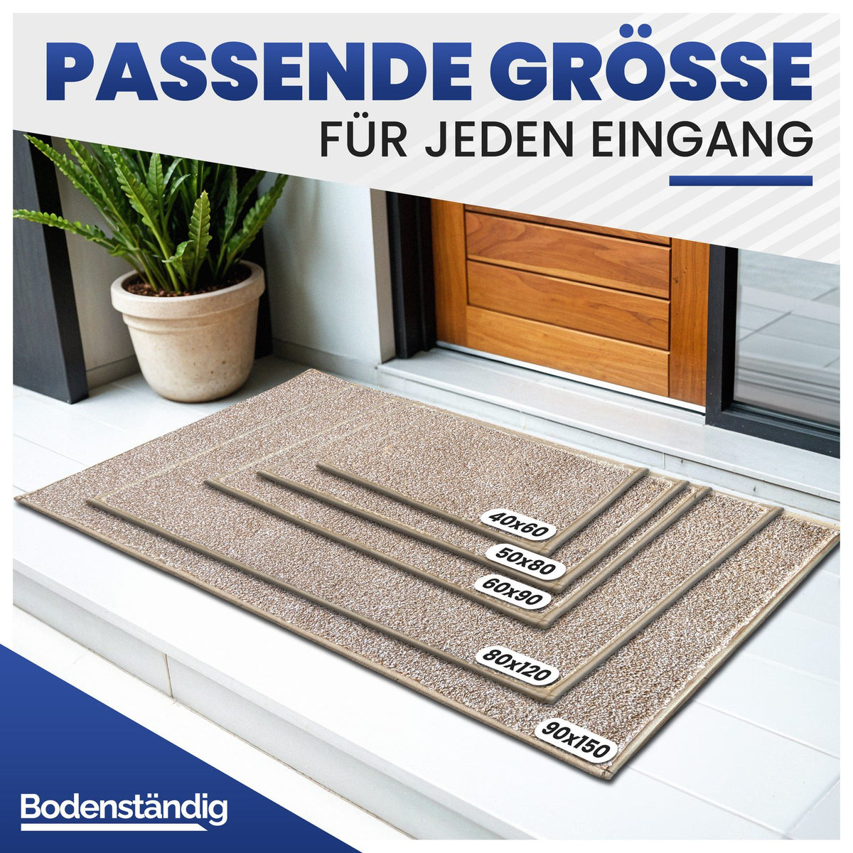 Beige Fußmatten in fünf Größen von 40x60 bis 90x150 cm vor einer Haustür, Text: Passende Größe für jeden Eingang