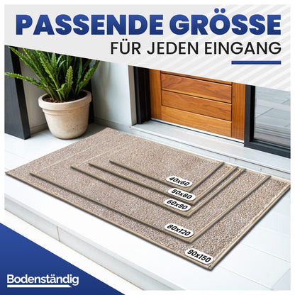 Beige Fußmatten in fünf Größen von 40x60 bis 90x150 cm vor einer Haustür, Text: Passende Größe für jeden Eingang