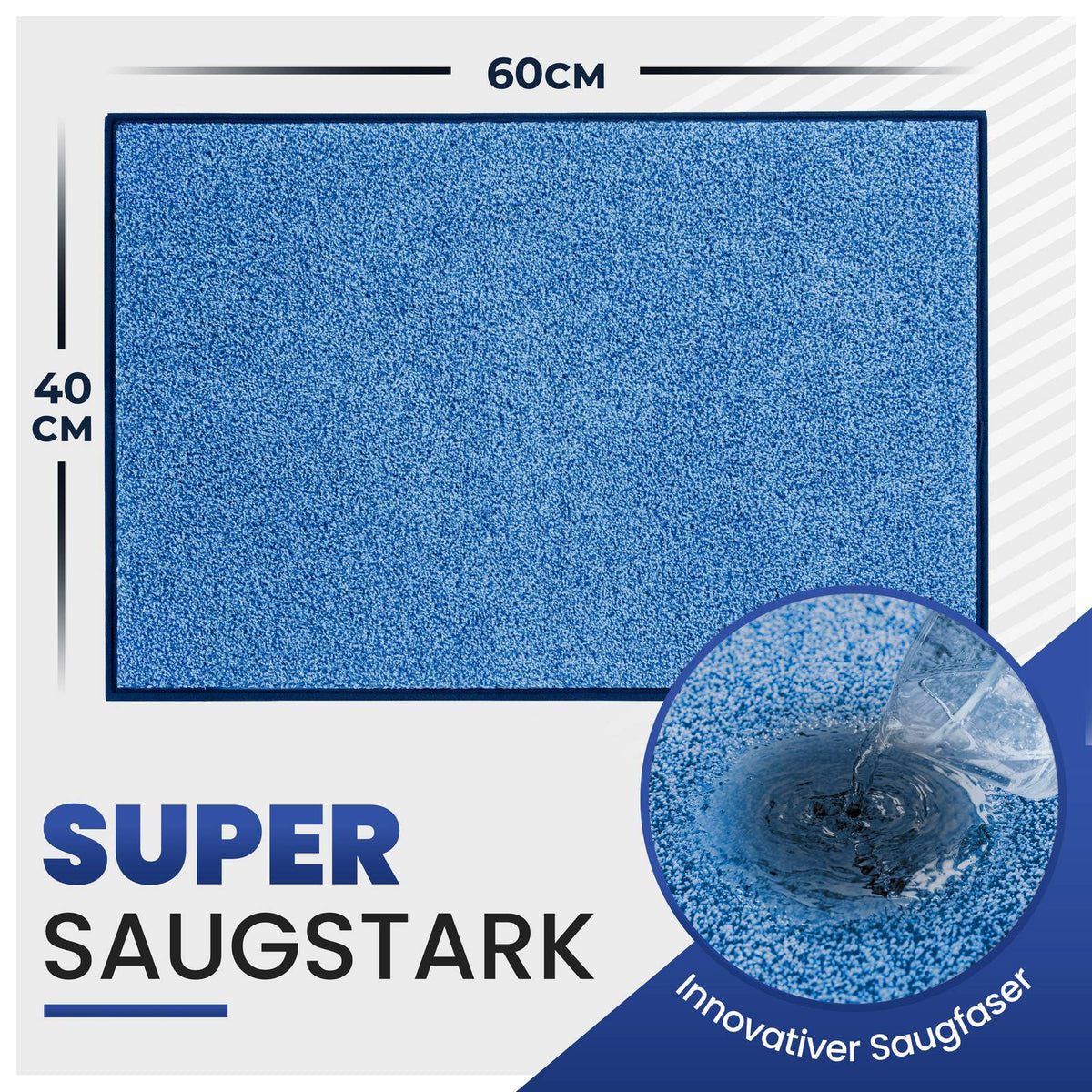Blaue Fußmatte mit Maßen 40 x 60 cm und Nahaufnahme von Wasser, das aufgesaugt wird, Text: Super saugstark