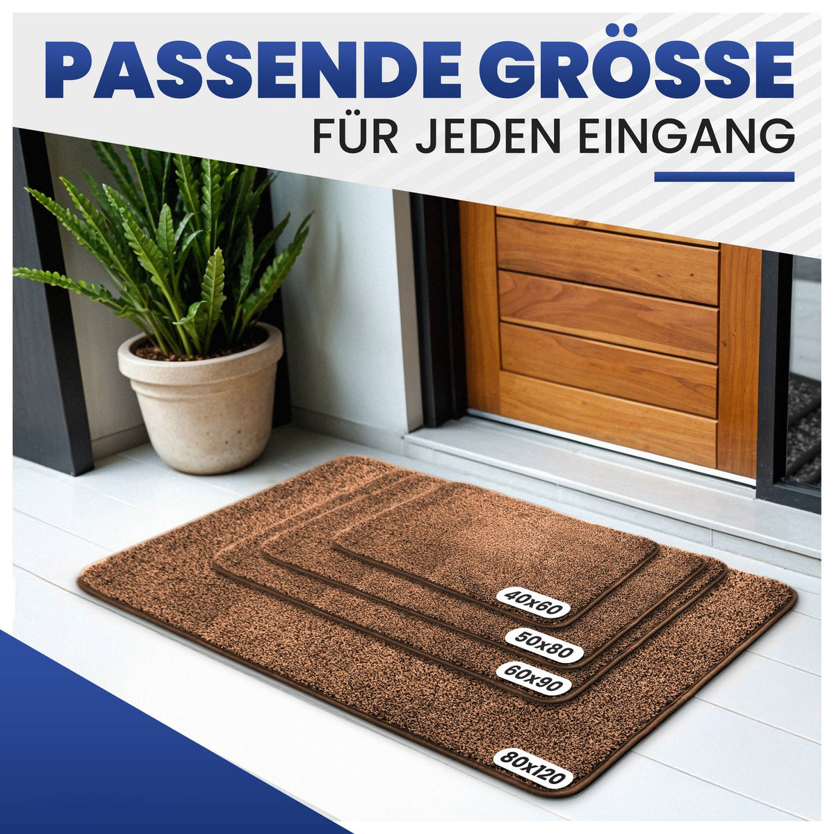 Vier braune Fußmatten in 40x60 bis 80x120 cm vor einer Haustür, Text „Passende Größe für jeden Eingang“