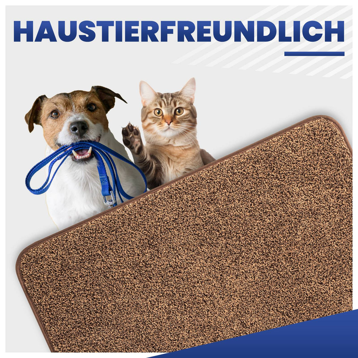 Braune Fußmatte mit Hund, der eine blaue Leine hält, und Katze dahinter, Text „Haustierfreundlich“