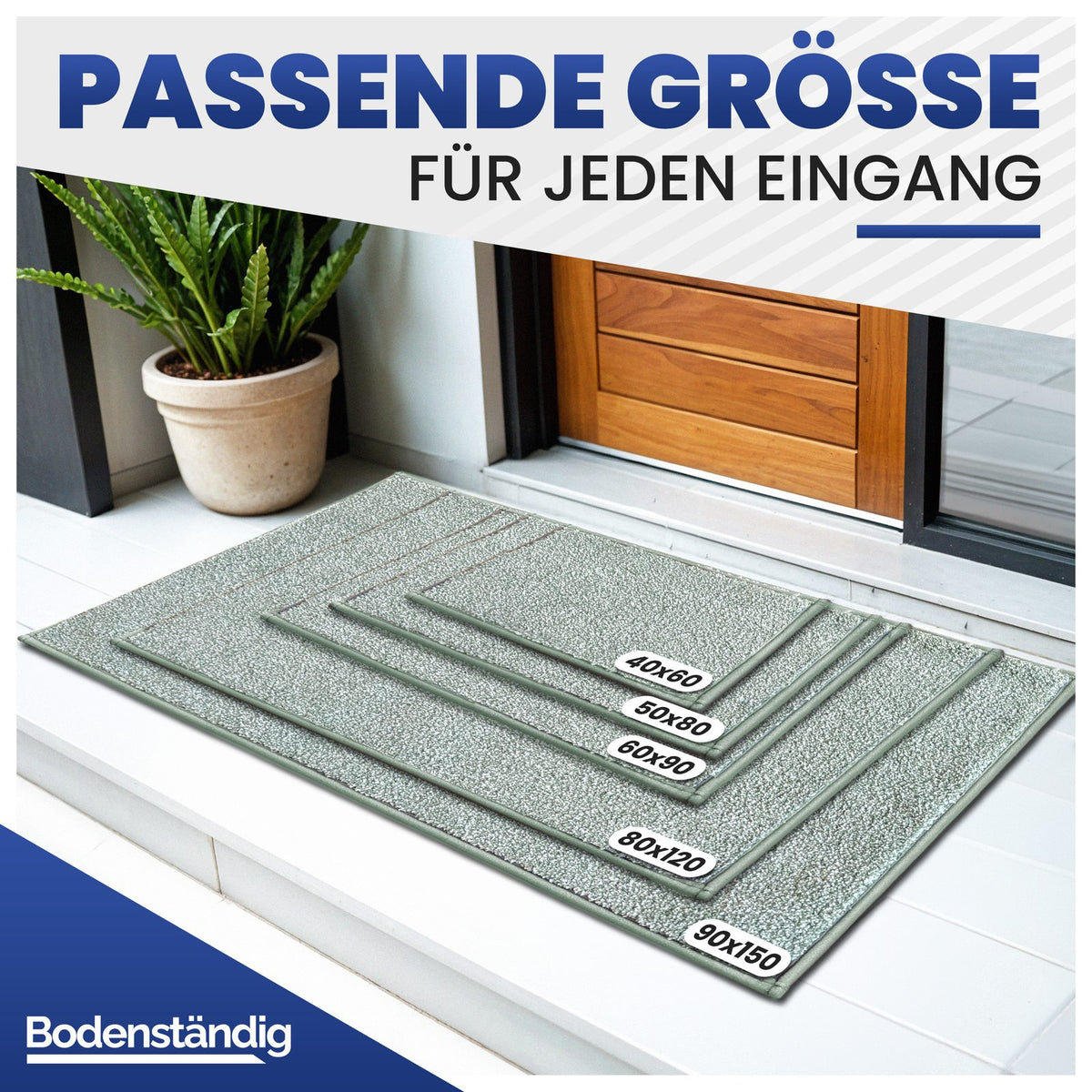Fünf grüne Fußmatten in Größen von 40x60 bis 90x150 cm vor einer Haustür, Text: Passende Größe für jeden Eingang