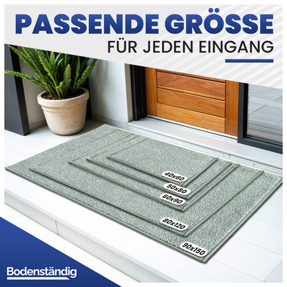 Fünf grüne Fußmatten in Größen von 40x60 bis 90x150 cm vor einer Haustür, Text: Passende Größe für jeden Eingang