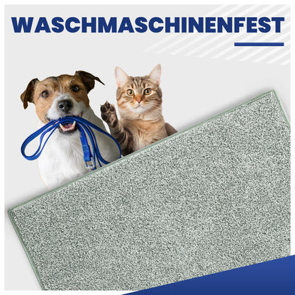 Grüne Fußmatte, dahinter Hund mit blauer Leine und Katze, Text: Waschmaschinenfest