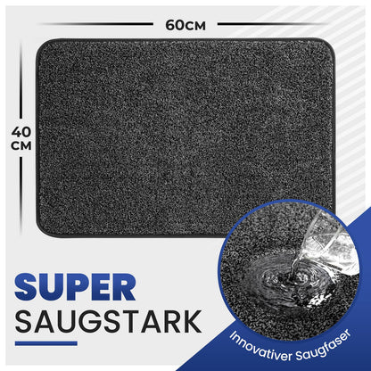 Graue Fußmatte mit Maßen 40 x 60 cm und Wasser-Detailansicht; Text: Super saugstark, innovativer Saugfaser