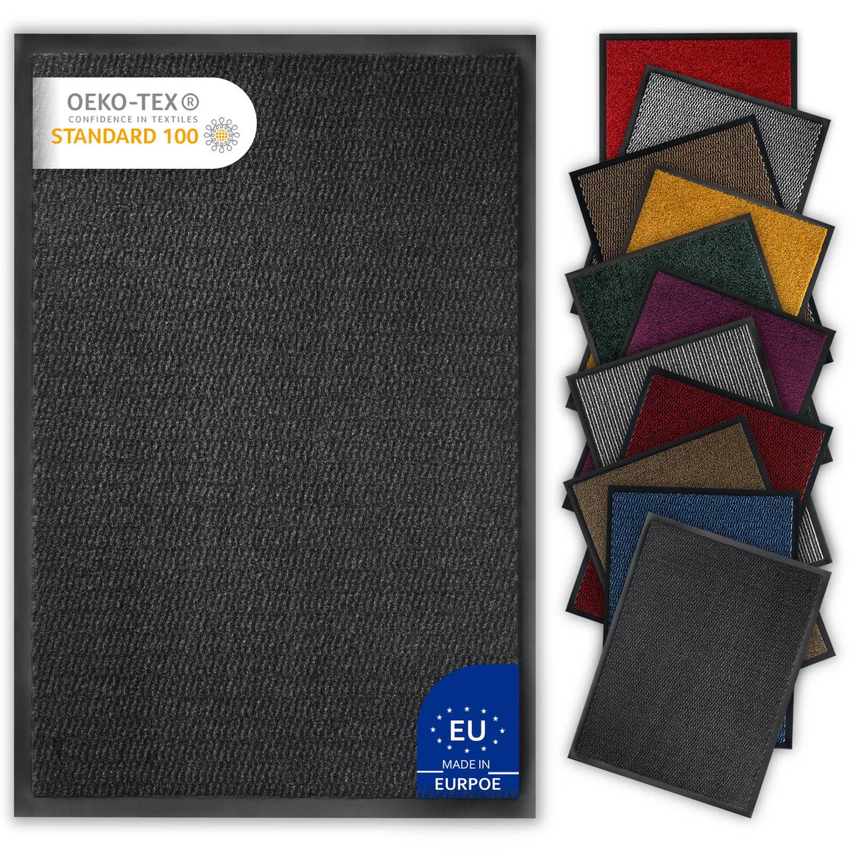 Anthrazitfarbene Fußmatte mit OEKO-TEX-Siegel und EU-Label, daneben fächerförmig die weiteren Farben der Schmutzfangmatte