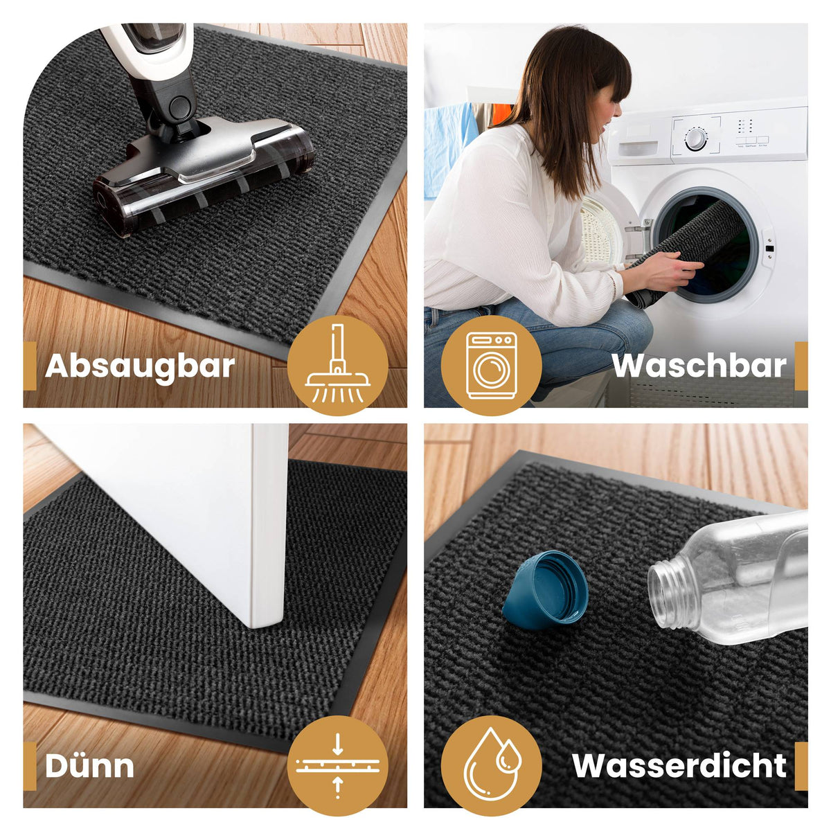 Vier Bilder der anthrazitfarbenen Fußmatte: absaugbar, waschbar in der Maschine, dünn unter der Tür, wasserdicht