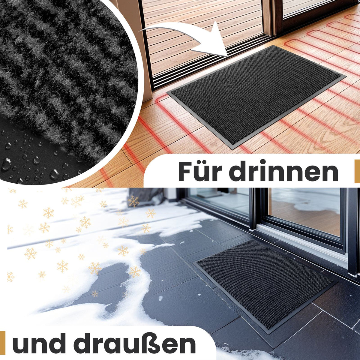 Anthrazitfarbene Fußmatte drinnen auf Fußbodenheizung und draußen im Schnee, Text: Für drinnen und draußen