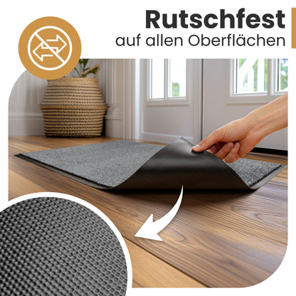Hand hebt eine graue Fußmatte an und zeigt die Rückseite mit Noppen, Text: Rutschfest auf allen Oberflächen