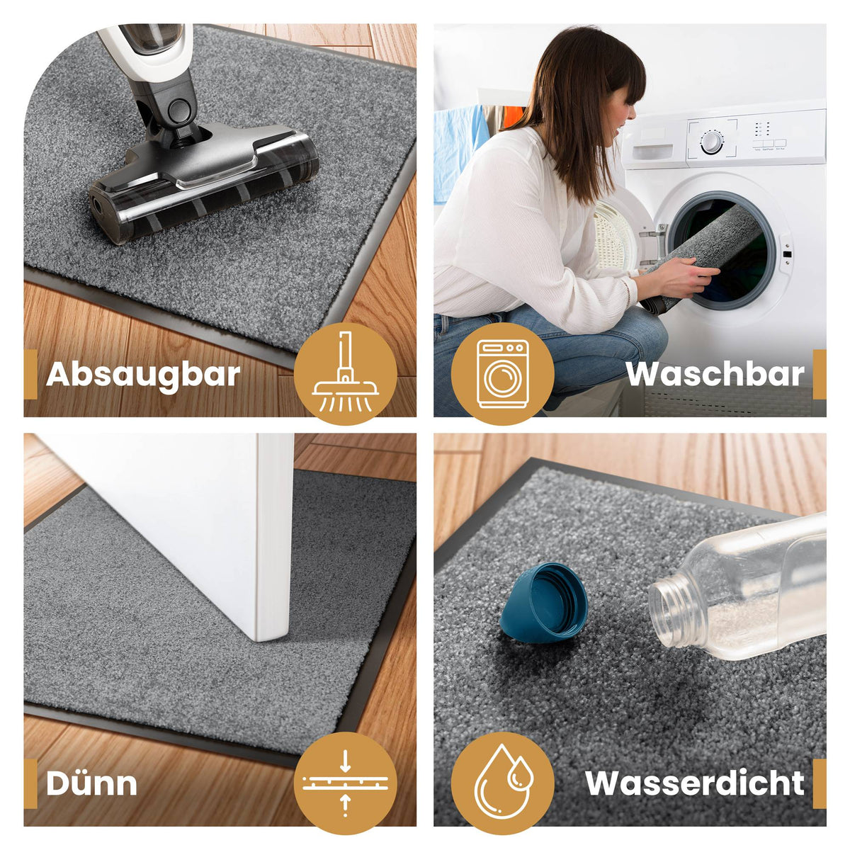 Vier Bilder der grauen Fußmatte: absaugbar, in der Waschmaschine waschbar, dünn unter der Tür, wasserdicht