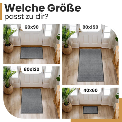 Graue Fußmatte in vier Größen vor einer Haustür im Vergleich: 40x60, 60x90, 80x120 und 90x150 cm