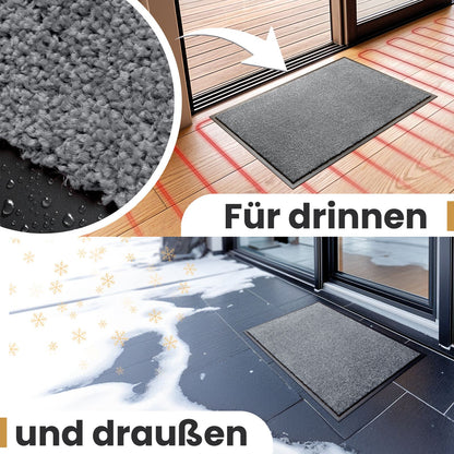 Graue Fußmatte in Nahaufnahme, im Haus auf Fußbodenheizung und draußen im Schnee, Text: Für drinnen und draußen