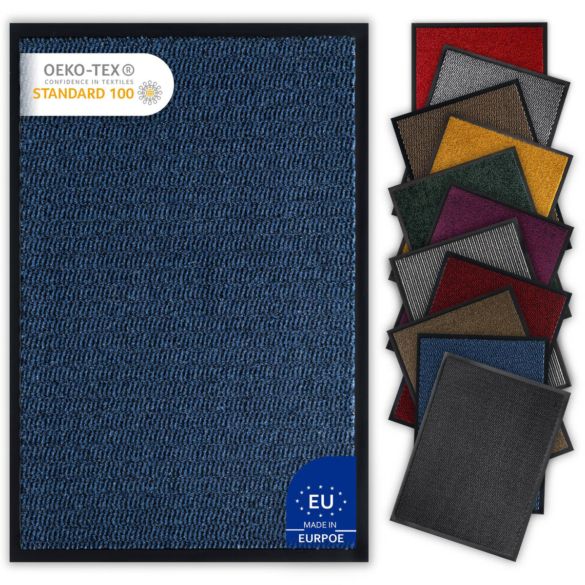 Blaue Fußmatte mit OEKO-TEX-Siegel und EU-Label, daneben fächerförmig die weiteren Farben der Schmutzfangmatte