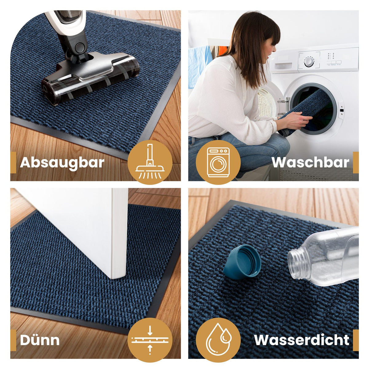 Blaue Fußmatte in vier Szenen: absaugbar, waschbar in der Waschmaschine, dünn unter einer Tür und wasserdicht
