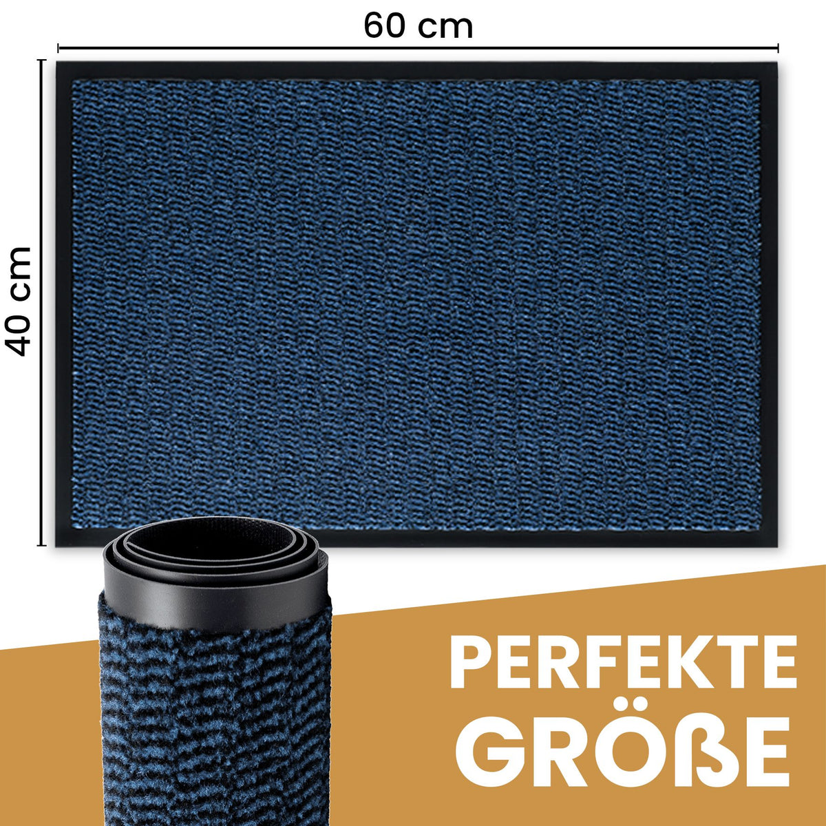 Blaue Fußmatte von oben mit Maßen 60 x 40 cm, davor eine aufgerollte Matte, Text: Perfekte Größe
