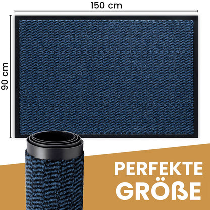 Blaue Fußmatte von oben mit Maßen 150 x 90 cm, davor eine aufgerollte Matte, Text: Perfekte Größe
