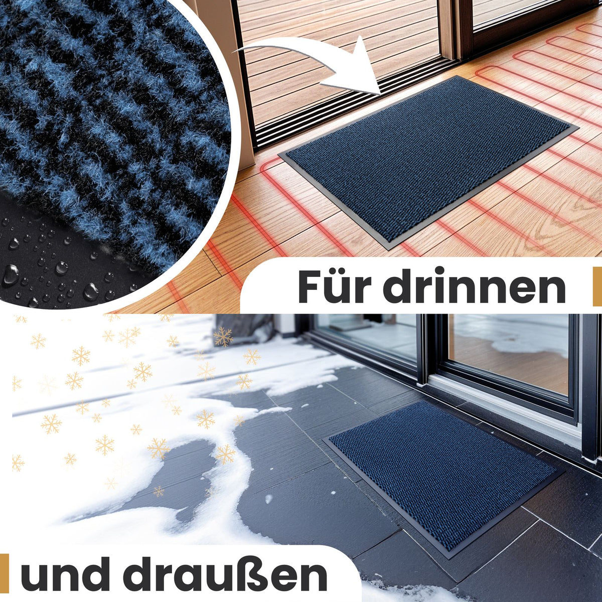 Blaue Fußmatte für drinnen auf Holzboden mit Fußbodenheizung und draußen auf verschneiten Fliesen vor einer Glastür