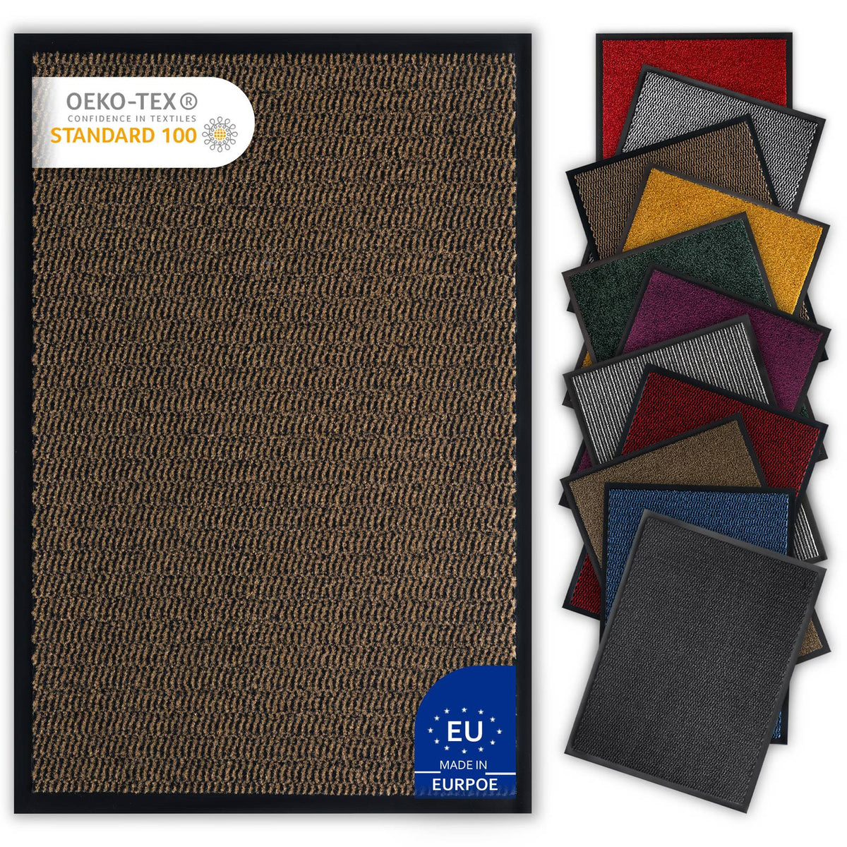 Braune Fußmatte mit Oeko-Tex-Standard-100-Siegel und EU-Hinweis, daneben Fächer weiterer Farben der Schmutzfangmatte