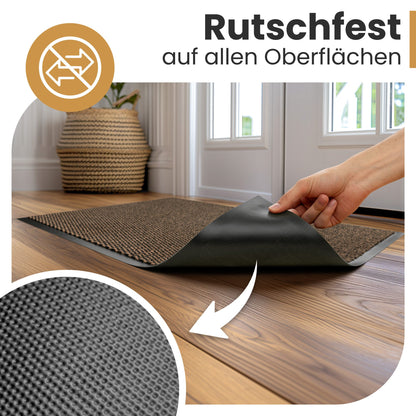 Braune Fußmatte auf Holzboden, eine Hand hebt die Ecke an und zeigt die rutschfeste Rückseite, Text: Rutschfest auf allen Oberflächen