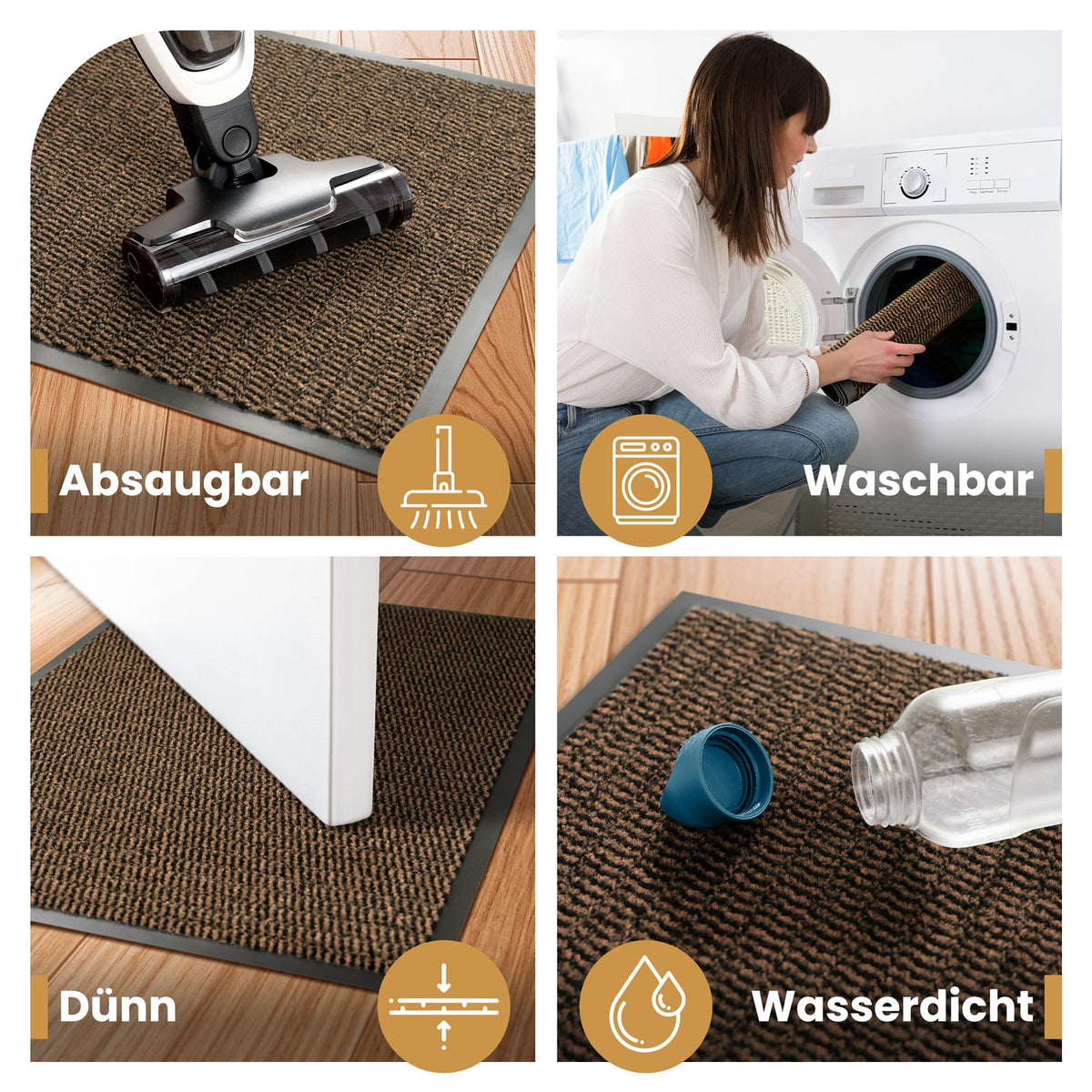 Braune Fußmatte, absaugbar, waschbar, dünn unter der Tür und wasserdicht – vier Eigenschaften in einer Collage