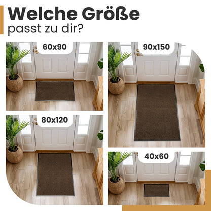 Braune Fußmatte in 40x60, 60x90, 80x120 und 90x150 cm vor einer Haustür, dazu die Frage: Welche Größe passt zu dir?