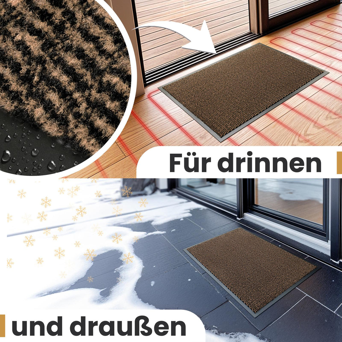 Braune Fußmatte drinnen auf Holzboden mit Fußbodenheizung und draußen auf verschneiter Terrasse; Text: Für drinnen und draußen