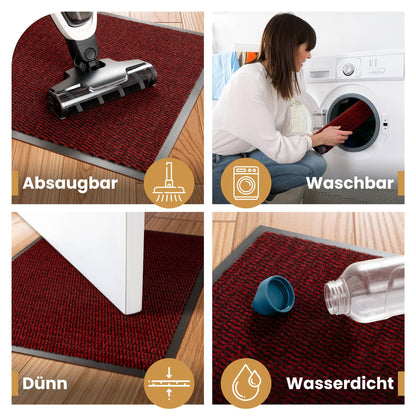 Dunkelrote Fußmatte, absaugbar, waschbar, dünn unter der Tür und wasserdicht – vier Eigenschaften in einer Collage